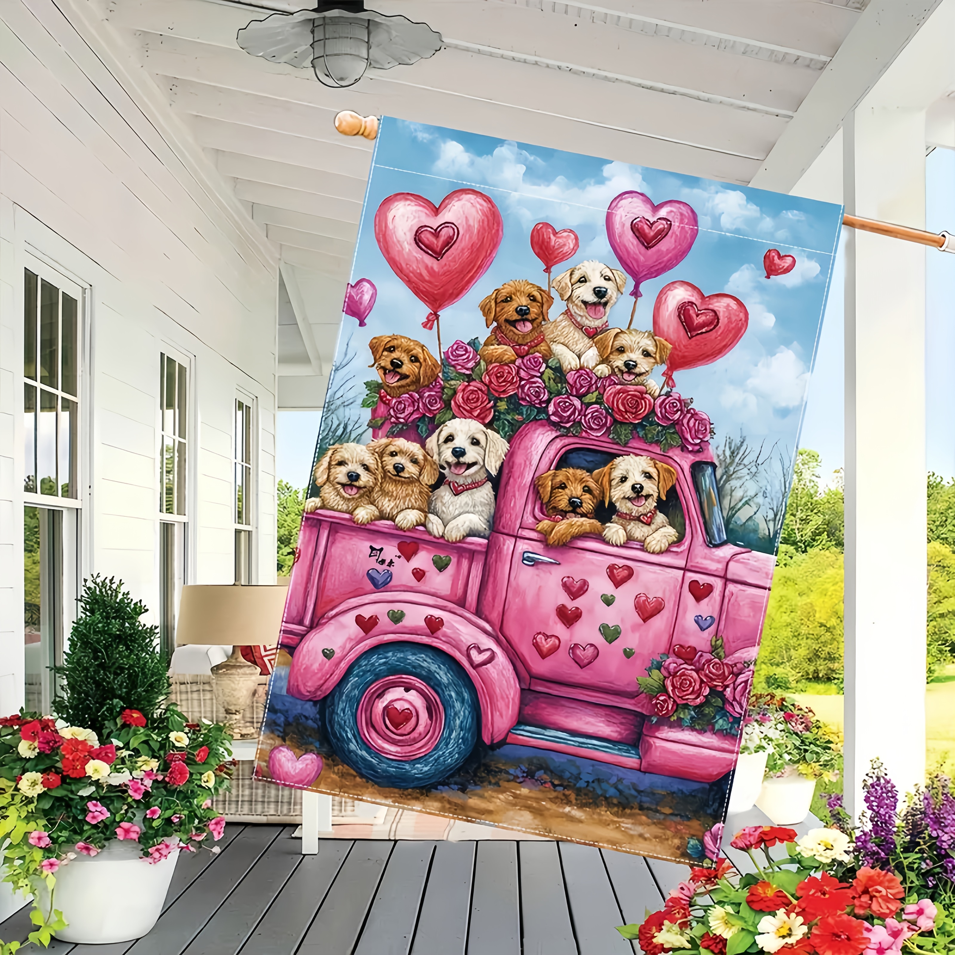 

Valentine's Day Garden Flag, Polyester Outdoor Yard Decor, With Dogs, Roses & Balloons Design, No Electricity Needed, For Lawn & Garden Decoration