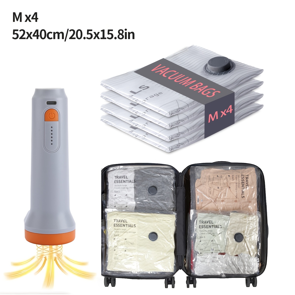 Image of Timornon 5pcs Vacuum Storage Bag Set, 4 Compression Bags With Usb Rechargeable Electric Air Pump, 1500mah Battery, Charging Cable Included, -saving Bags For Clothes, Blankets, Bedding And Home Storage