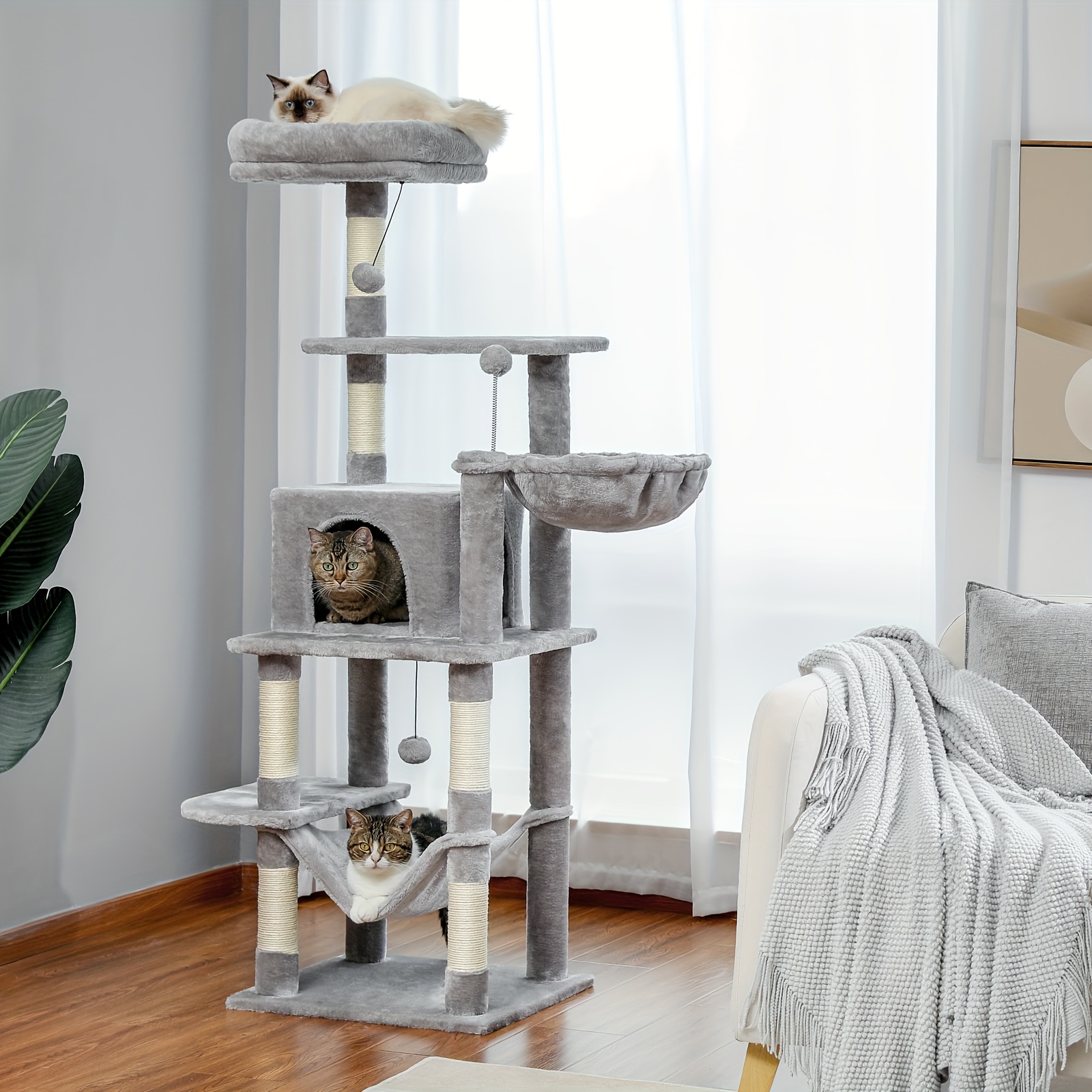 

60 Inches Cat Tree, Tall Cat Tower, Multi-level Cat Condo For Indoor Cats With Cat Hammocks, Natural Sisal Covered Scratching Post And Plush Top Perch, Grey