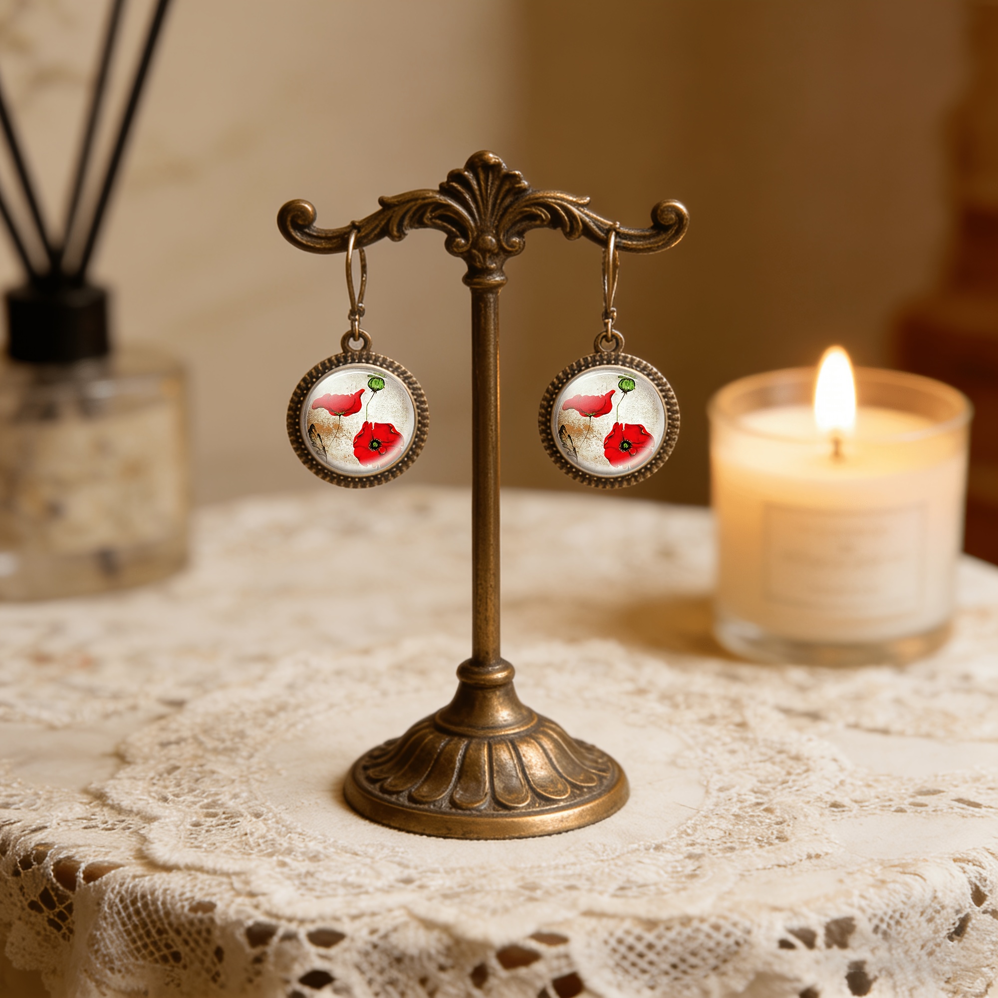 Classic Pendant Earrings & Ear Hooks Set, Red Flowers