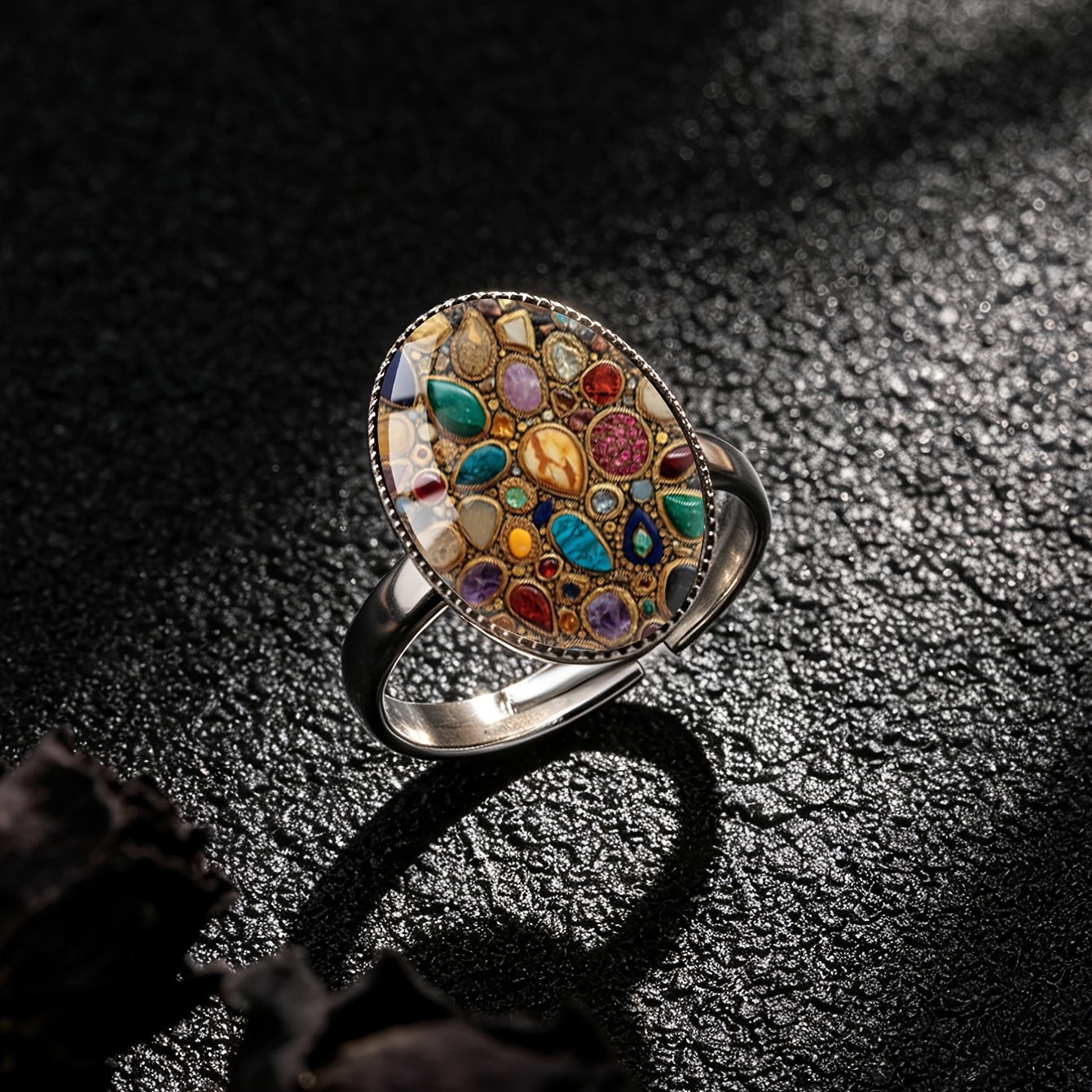 TEMU 1pc Luxury High-end Colored Gemstone Pattern With Convex Glass Steel Oval/round , Light Suitable For Women' Gifting And Wearing Jewelry Ring