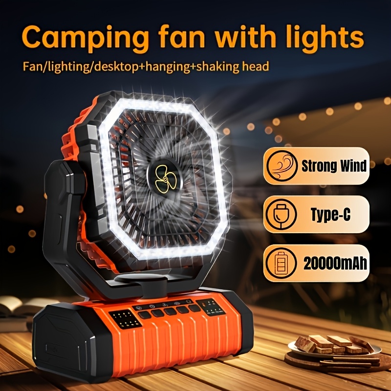 TEMU Swing-type Camping Fan With Led Lights, 20000mah Portable Camping Fan, 360° Adjustable Head, Hanging Hook, Timer, Suitable For Outdoor Picnics,
