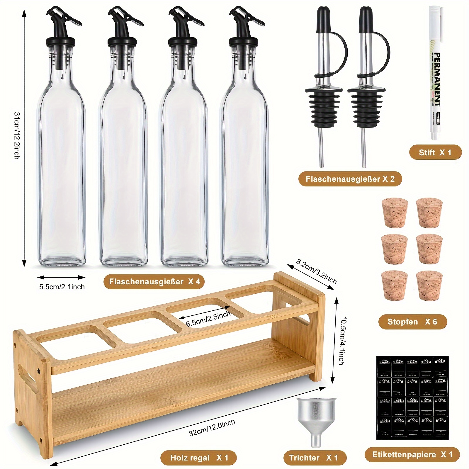 olive oil bottle with wooden stand 500 ml, set of 4 glass bottles, olive oil dispenser with funnel, set of vinegar and oil bottles with labels, cork stopper, for liqueurs and vinegars - hem & kök - Temu