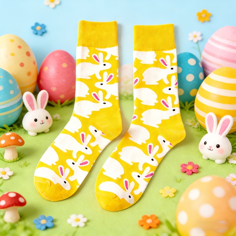 1 Pair Of Unisex Print Breathable Cute Mid-calf Socks, Suitable For Easter And /summer Wear