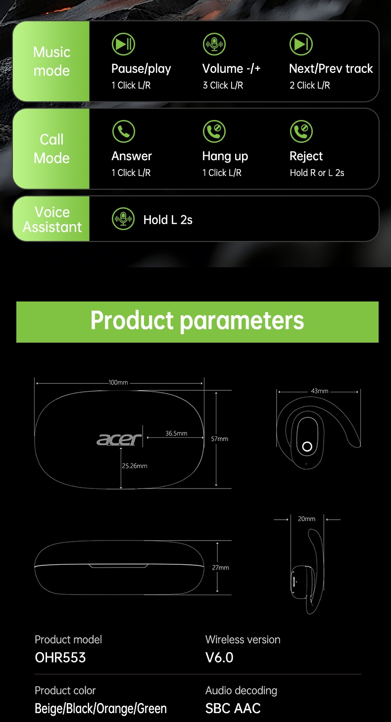 Acer'S Brand New And Authentic Open-Ear Wireless Headphones Feature an Air Conduction Design That Doesn'T Go Inside The Ear, Perfect for Sports, with a Large Battery And Extended Standby Time