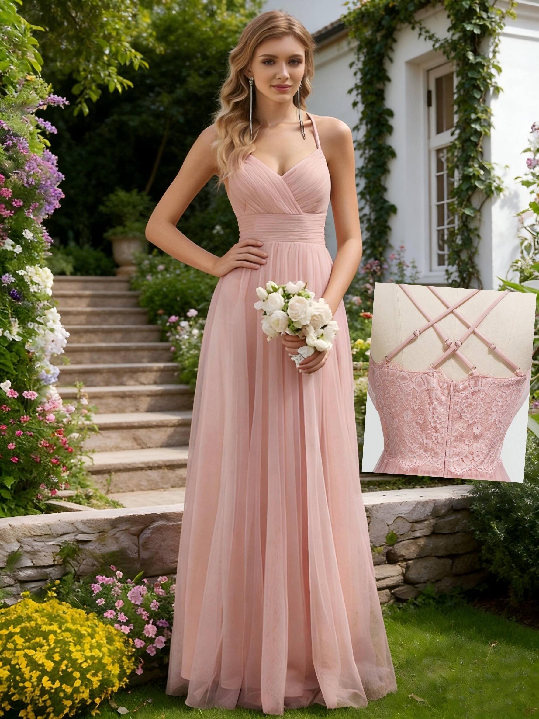 A Mesh Suspender Dress, Lace Stitching Long Skirt, Pink, Fashionable,  Elegant, Wedding Dress, Bridesmaid Dress, Women'S Graduation Ceremony Party  Dress, Valentine'S Day Dating Outfit