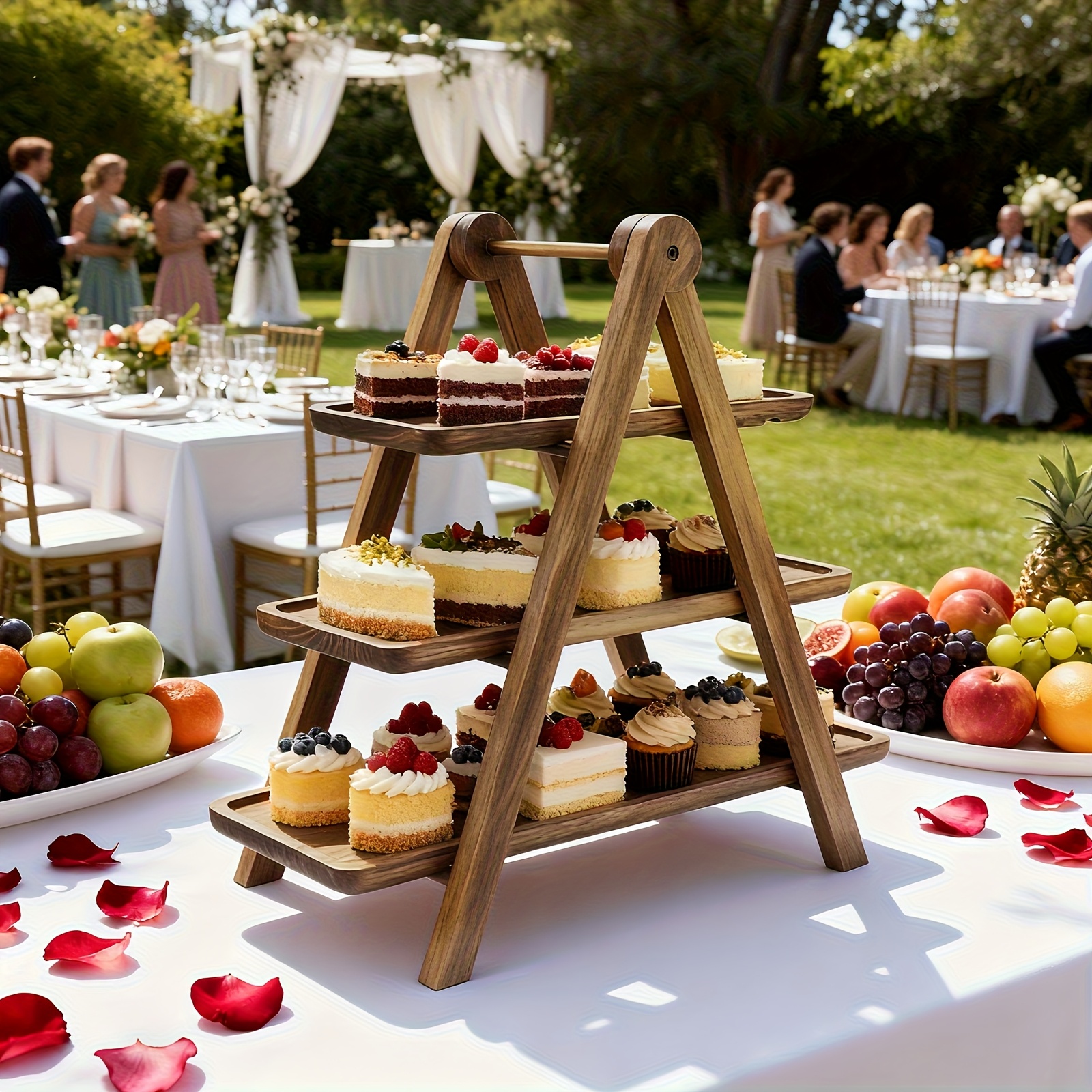 TEMU 3-tier Rustic Wooden Serving Stand, Cake Stand, Bread Basket, Perfect For Parties, Weddings, Home Decor | Quality Wood , Decorative Rectangular Platter For Fruits, Cheeses, Pastries,