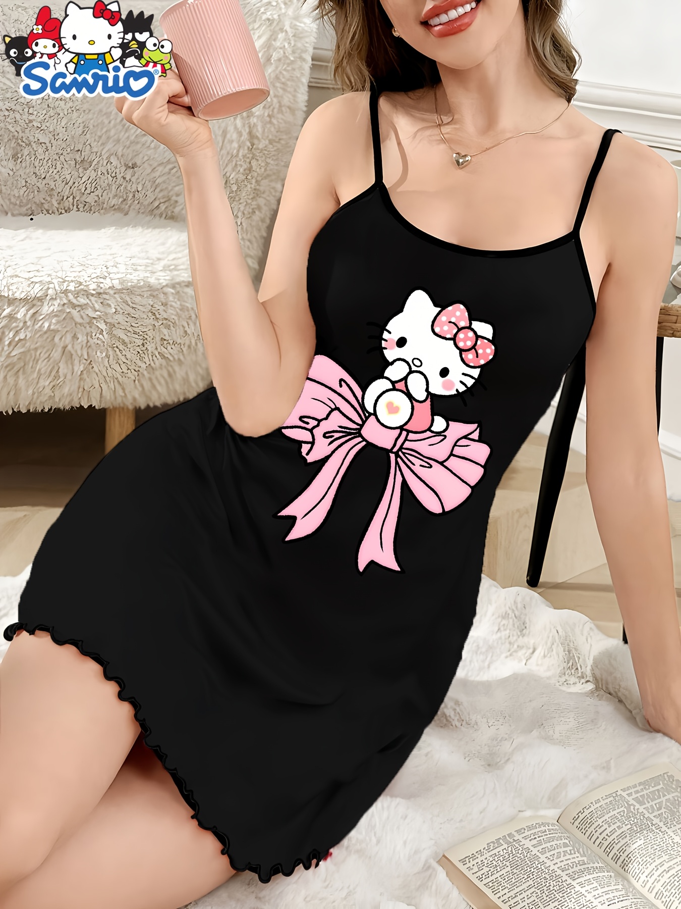 Camisón de Mujer con - Lindo Estampado de Lazo Iconico y Cara de , Sin Mangas, Pijama de Primavera y Verano para el Hogar, Vestido de Dormir (Lavable a Máquina)
