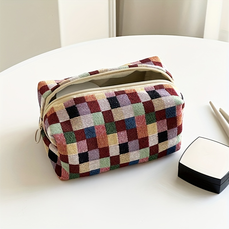 E-shop Grobgewebte Bunte Karo-Makeup-Tasche, Unverzichtbar für Frauen auf Reisen, Hautpflege-Organizer Beutel, Kosmetik-Aufbewahrungstasche,