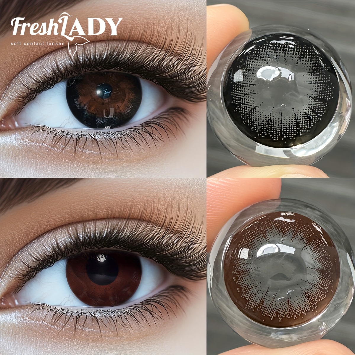 Contatti colorati Freshlady Big Eyes Black & Brown 14.50mm - Lente morbida in gel idrocolloide da un anno con contenuto d'acqua per un aspetto naturale, comodità e miglioramento della visione, stile quotidiano, design lenticolare elegante, superficie lenticolare liscia