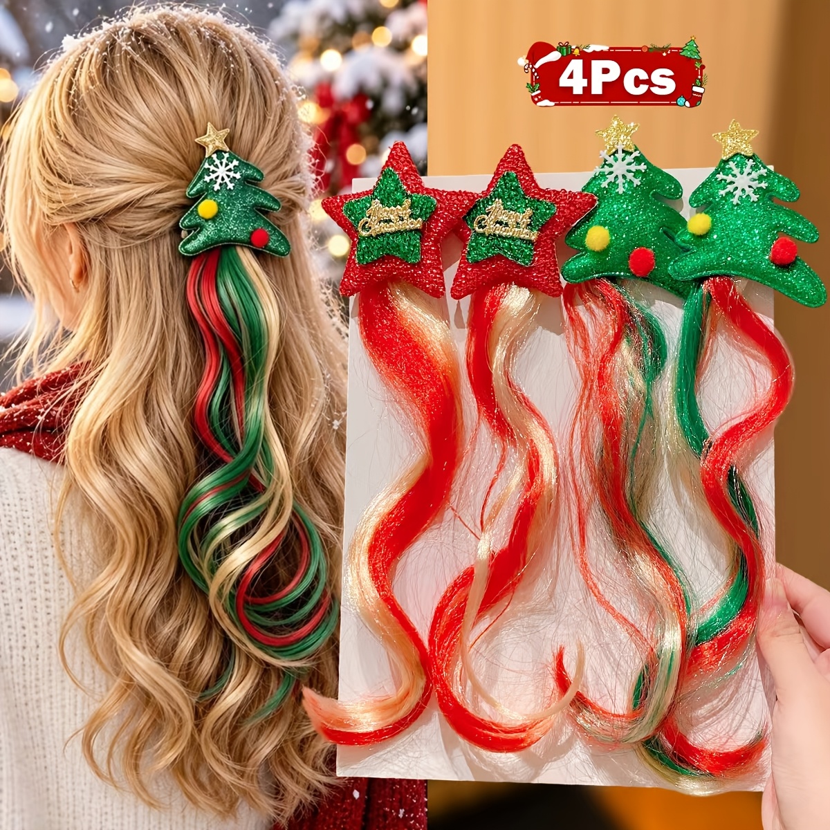 TEMU 4pcs Christmas Costume Wig Hair Clips For, A Christmas Gift For, , Fashionable Christmas Hair Accessories, With Plush Pom-poms, Stars,