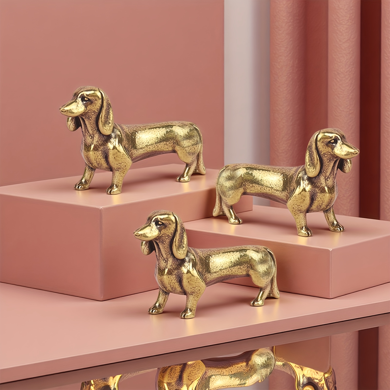 Image of 3pcs Vintage Brass Dachshund Home Statues Christmas - Desktop Table Decor Ornaments