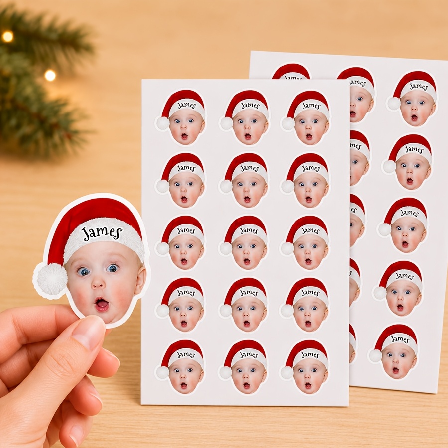 TEMU 2/15/30 piezas de pegatinas personalizadas con foto de gorro de Papá Noel, pegatinas navideñas con y rostro personalizados, pegatinas