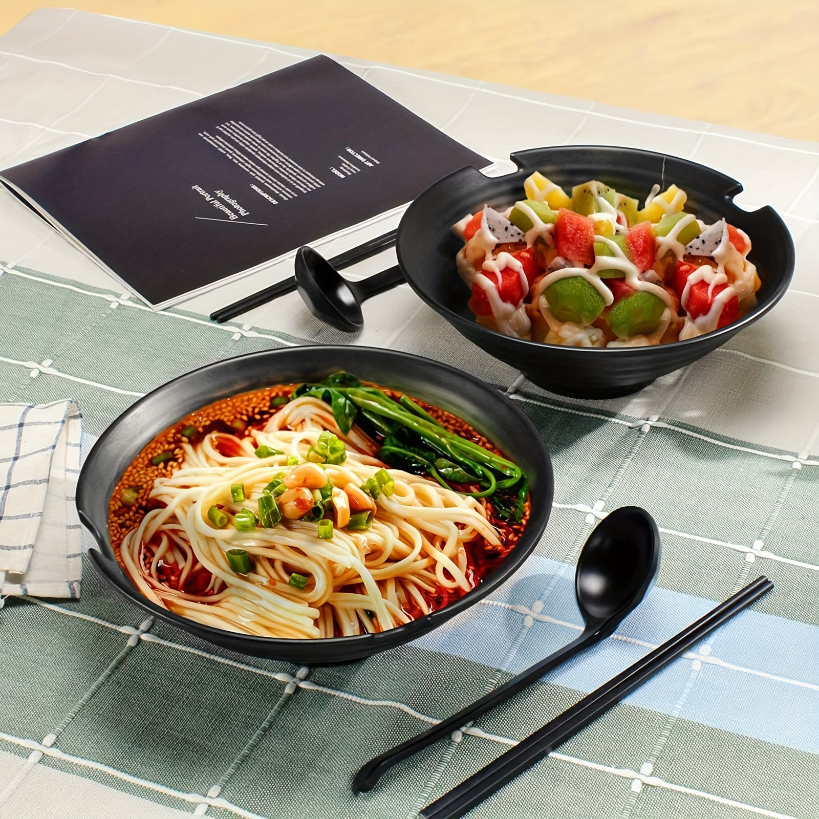 

2pcs Ramen Bowl Set, Filling Quantity 1000ml Large Ramen Bowls, Non-slip Soup Bowl With , For Pasta And Salad, Black