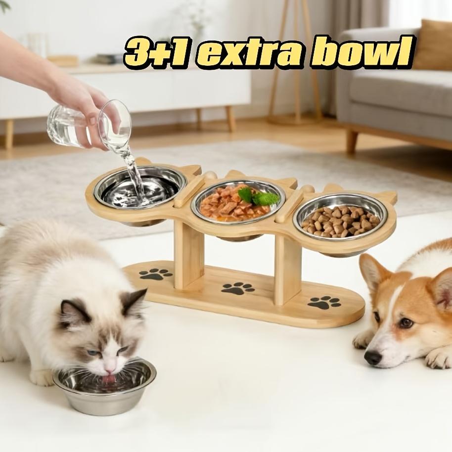 Elevated Cat Bowl Set With 4 Stainless Steel Bowls - 15° Tilted Stainless Steel Cat Dish, Height Adjustable With Black Stand, Ideal Gift For Pet Owners