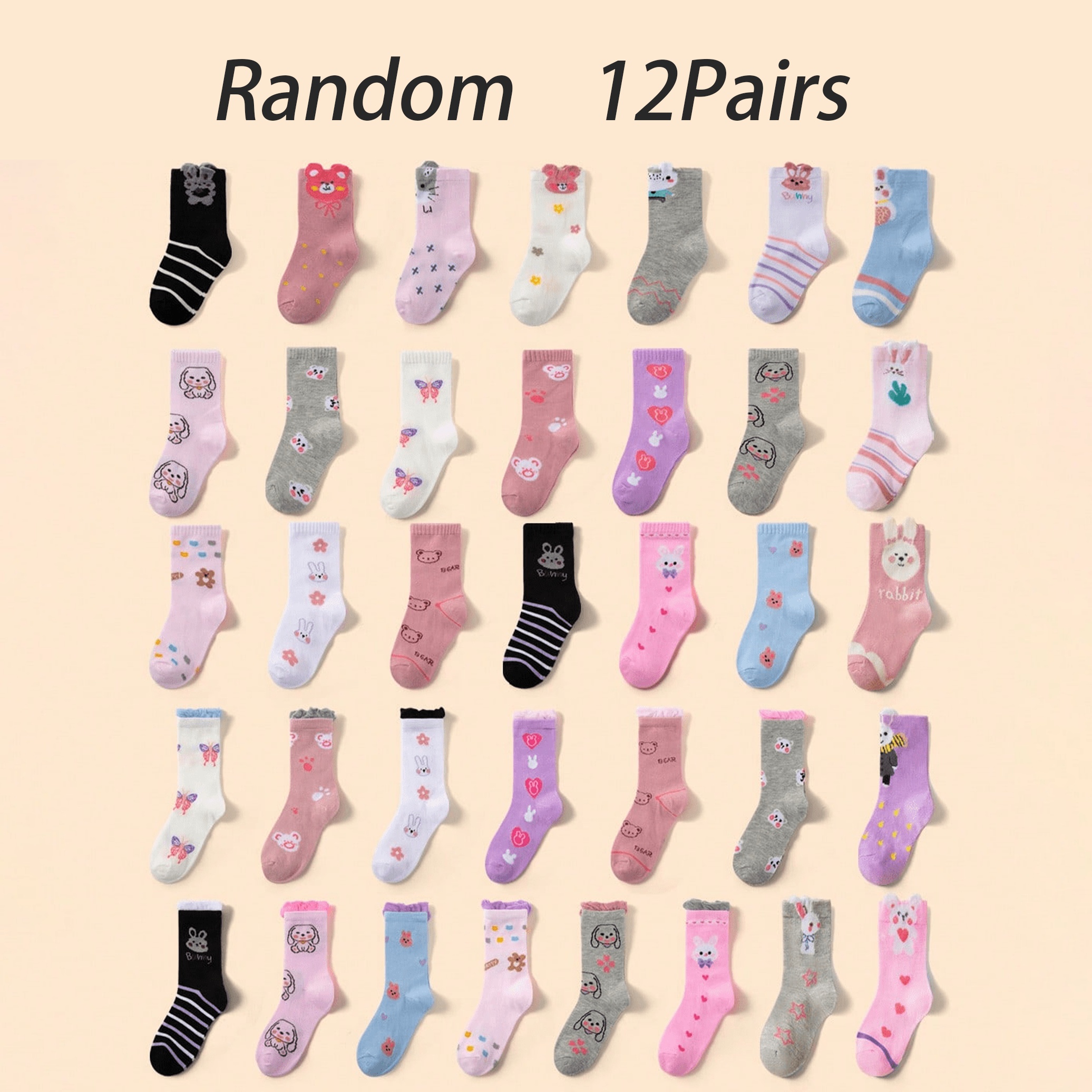 

12pcs Girls' Cute Cartoon Rabbit & Floral Lace Mid-calf Socks - Breathable Polyester , Machine Washable