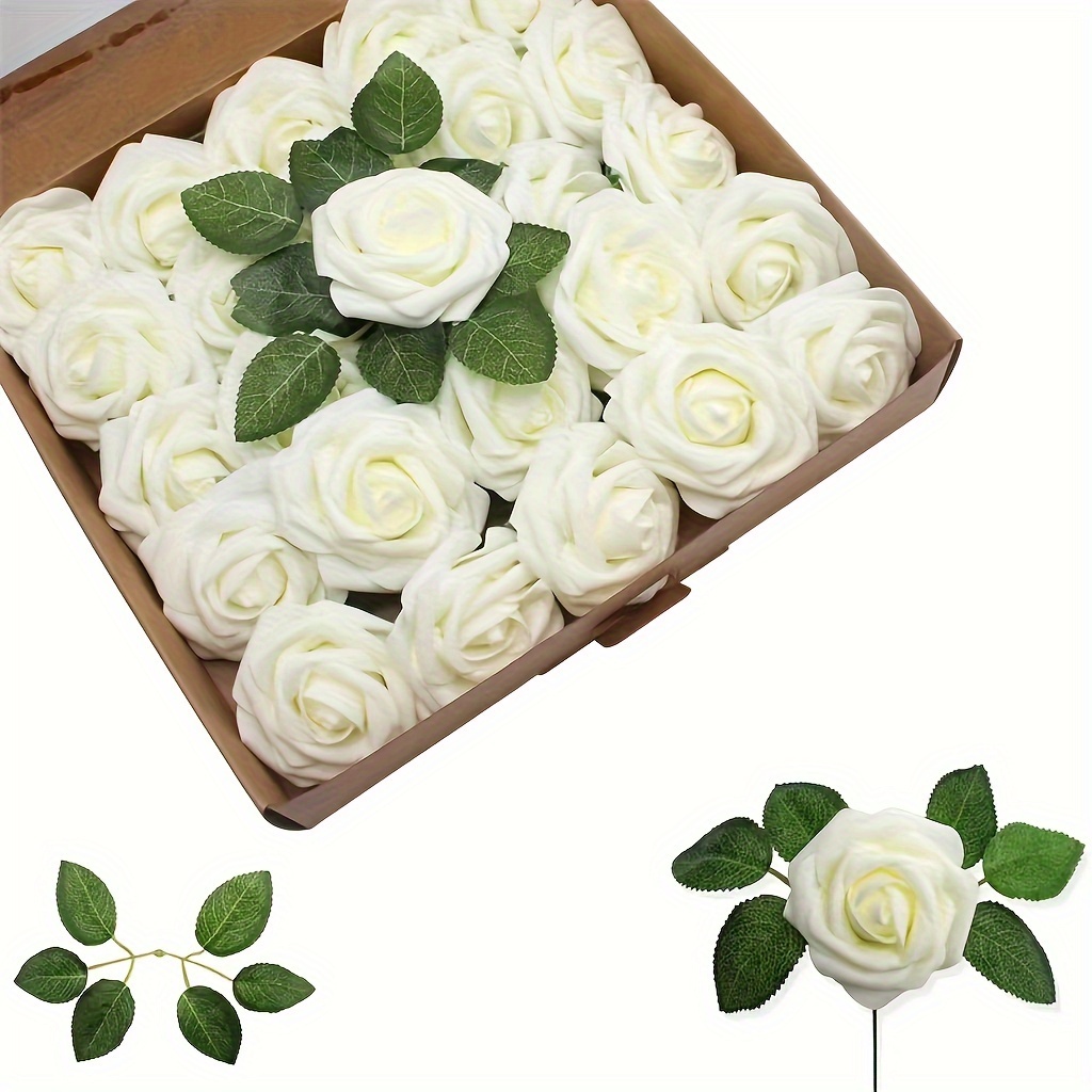 

25 Pcs Milky White Artificial Foam Roses, Pvc Retro Style Floral Accents For Diy Bouquets, Wedding Centerpieces, Engagement, Birthday & Father's Day Decor, Craft Embellishments