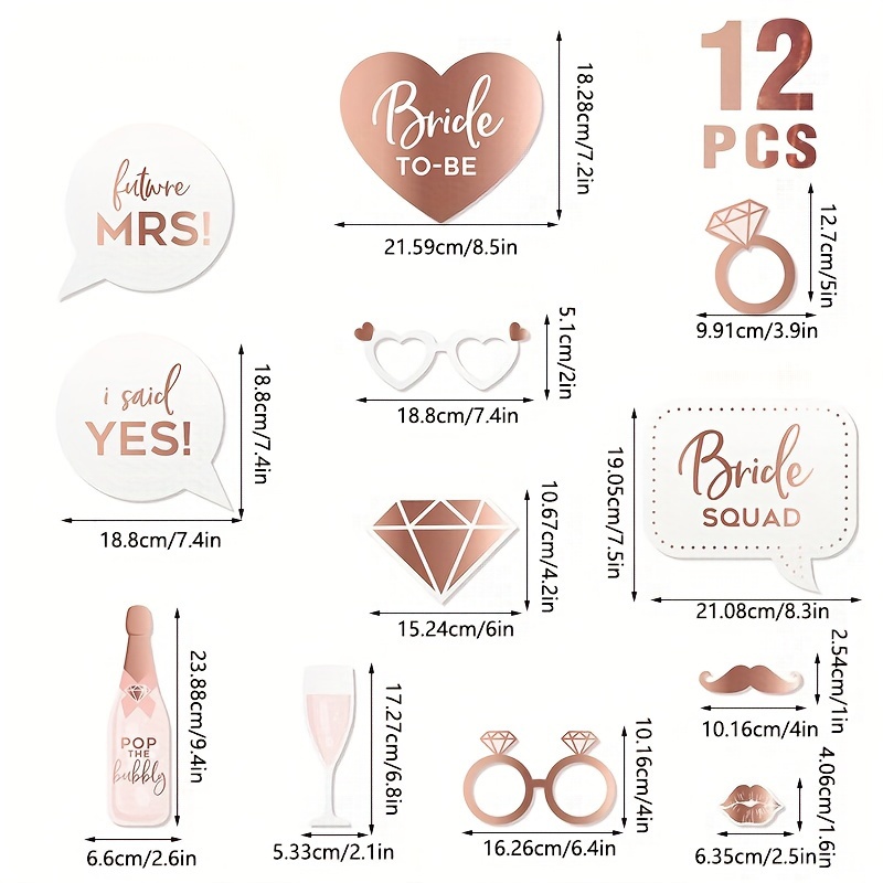 Image of 12pcs Of Rose Golden Bridal Shower Photo Props - Wedding Engagement Party Photo Booth Additions, Supplies For