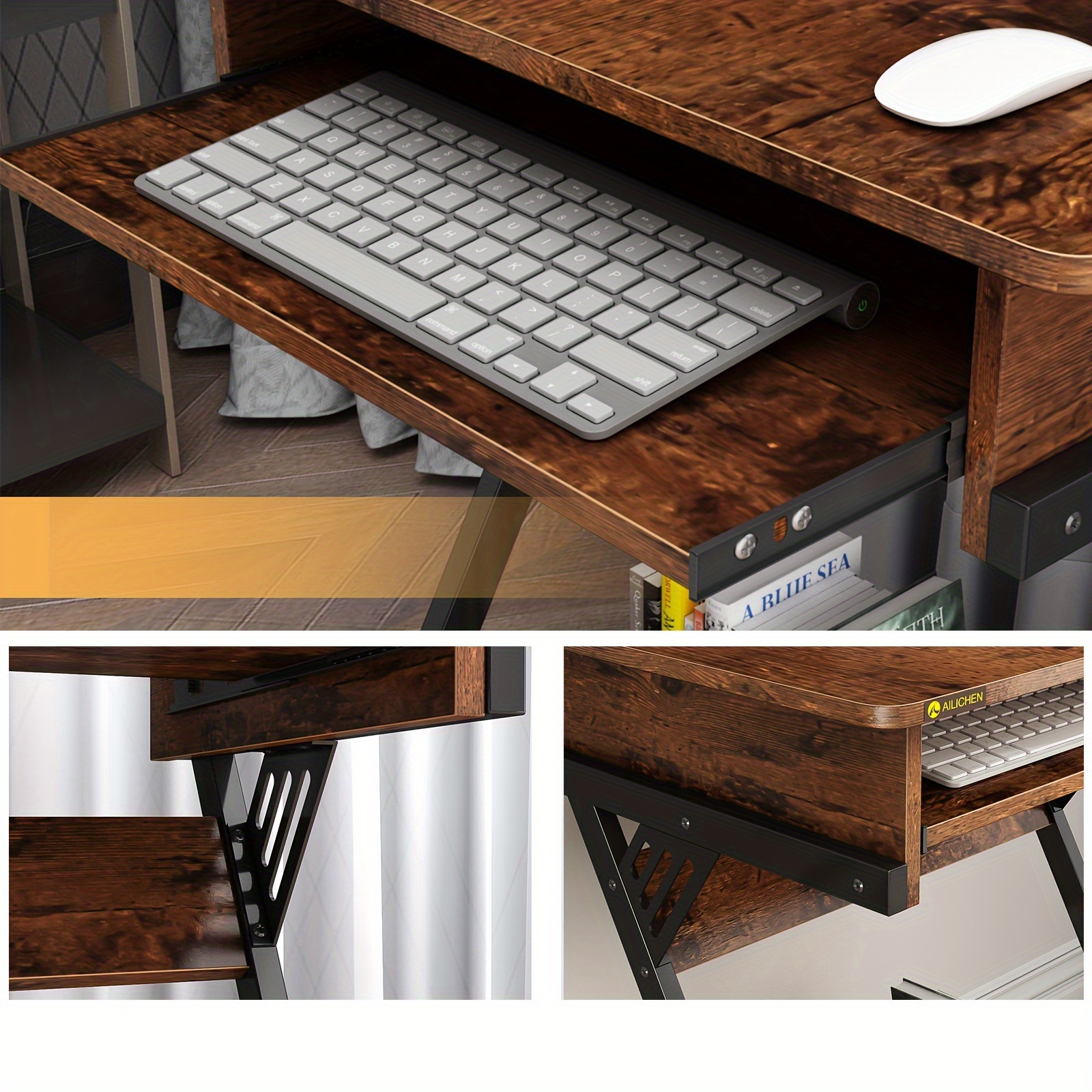 YQ FUNLIS Computer Desk Workstation With Smooth Keyboard Tray, Z-Shaped Study Writing Desk For Small Spaces Compact Table For Home Office, Small Computer Cart Mobile Laptop Cart