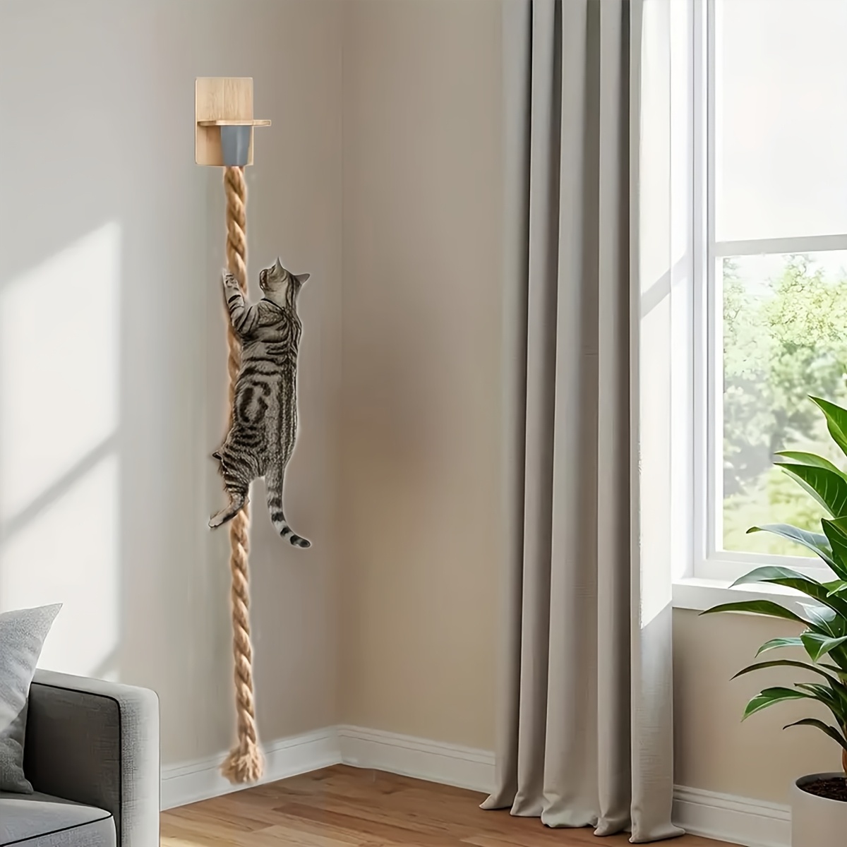 TEMU 1pc Wall Mounted Cat Climbing Rope Jumping Platform, Natural Hemp Rope Cat Toy, For Living Room, Bedroom, Cat Room, Cats' Claw Grinding, Climbing And Resting Needs