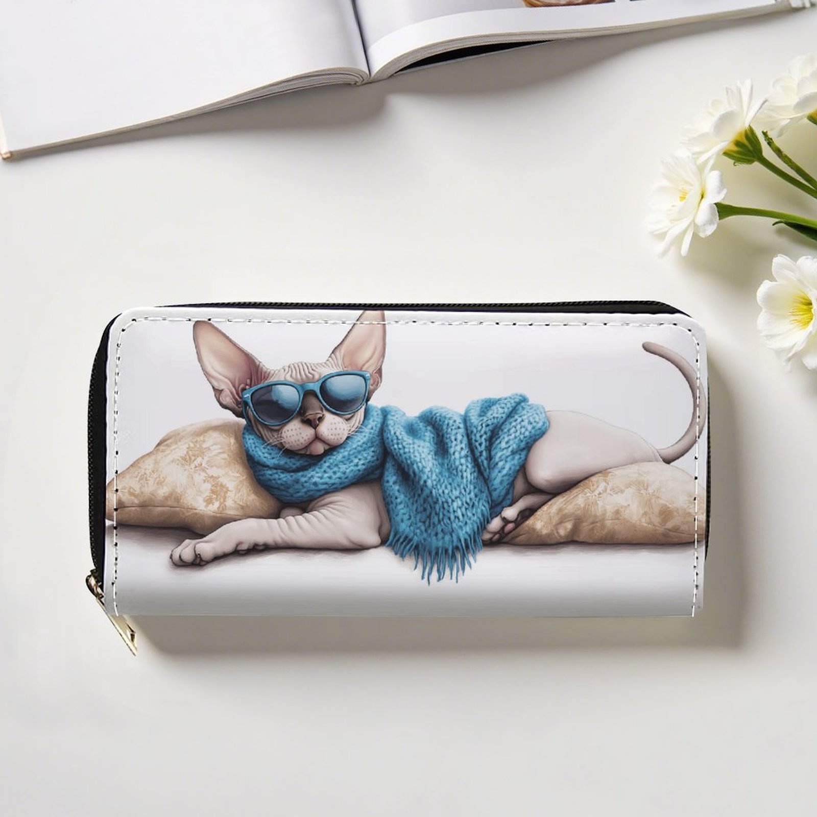 Women s & Men s Wallet with Zipper Closure - Long Wallet with Card Holder & Coin Pocket, Sphynx   (Sagging Pants-Friendly) - Golden-Tone Hardware, Multi-Functional PU Purse Wallet for   -   in Shades with Turquoise Scarf & Fashion Glasses, Double-Sided Card Slots & Zippered Coin Pocket, Wet Wipe Clean, Ideal Gift for Cat Lovers & Travel, High Quality Wallet For Women,   Wallet For Women Cards And Cash, Women Wallets High Quality, Trifold Wallet,