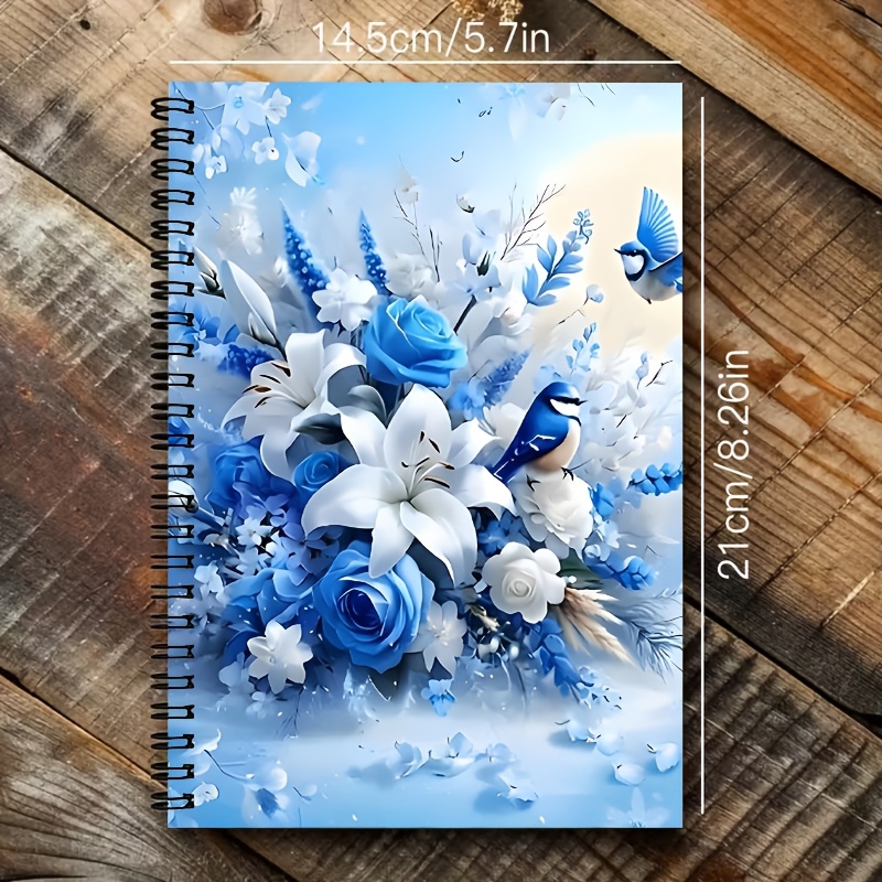 TEMU Carnet à spirale A5 avec de et blanc, reliure à spirale noire à 24 trous, 50 feuilles 100 pages, taille 21×14,5 cm, motif élégant d'oiseaux pour