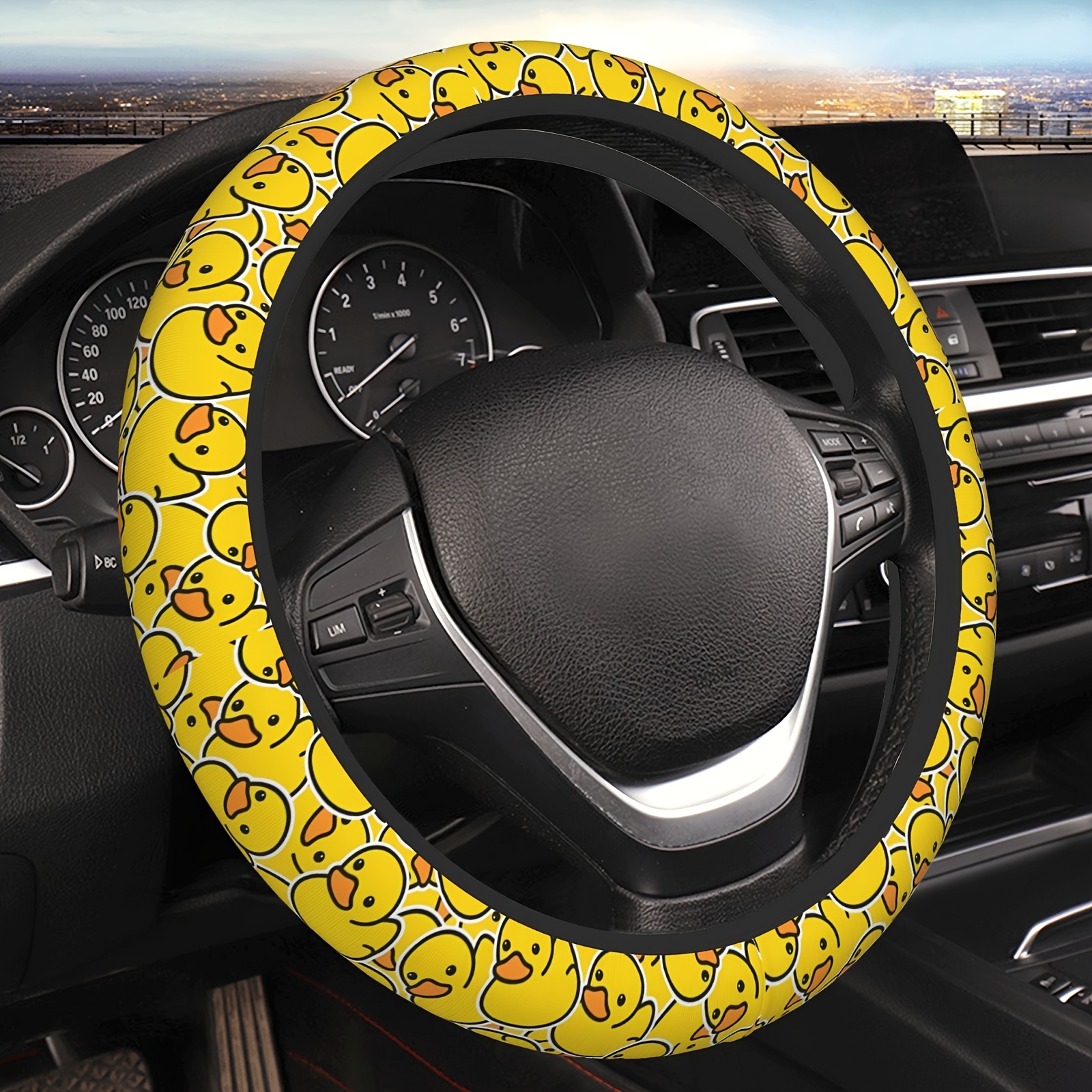 TEMU Cute Steering Wheel Of Thick Neoprene, Suitable For 15-inch Cars For Men And Women, Applicable To Sedans, Suvs, And More, Along With Adorable Yellow Duck Interior Accessories.