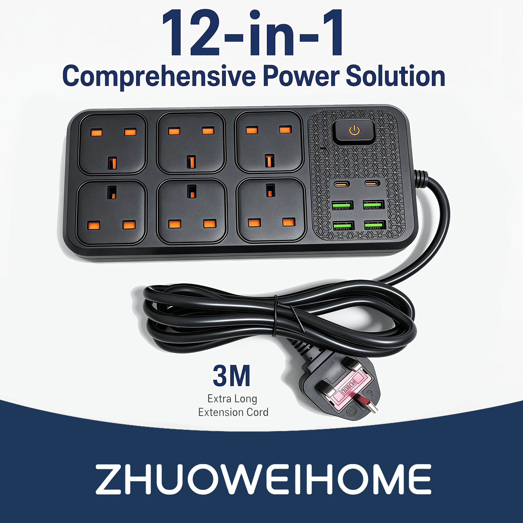 TEMU 12-in-1 Uk Power Strip/power Strip/socket/extension Cord, 6 Ac Outlets + 4 Usb-a + 2 Type-c Ports, /9.84ft Extension Cord With Switch, Fast
