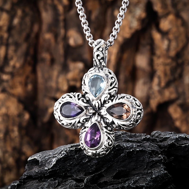 Image of 1pc Light Luxury Vintage Multicolor Zirconia Four-petal Flower Pendant Necklace - Exquisite Carved Water Drop Neck Ornament - Daily Festival Jewelry Gift For Girlfriends, Elegant Additions