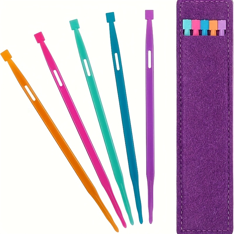 TEMU 5 pezzi di accessori da cucito colorati per la casa con custodia, infila filo, set di aghi in plastica, strumento per elastici, viola