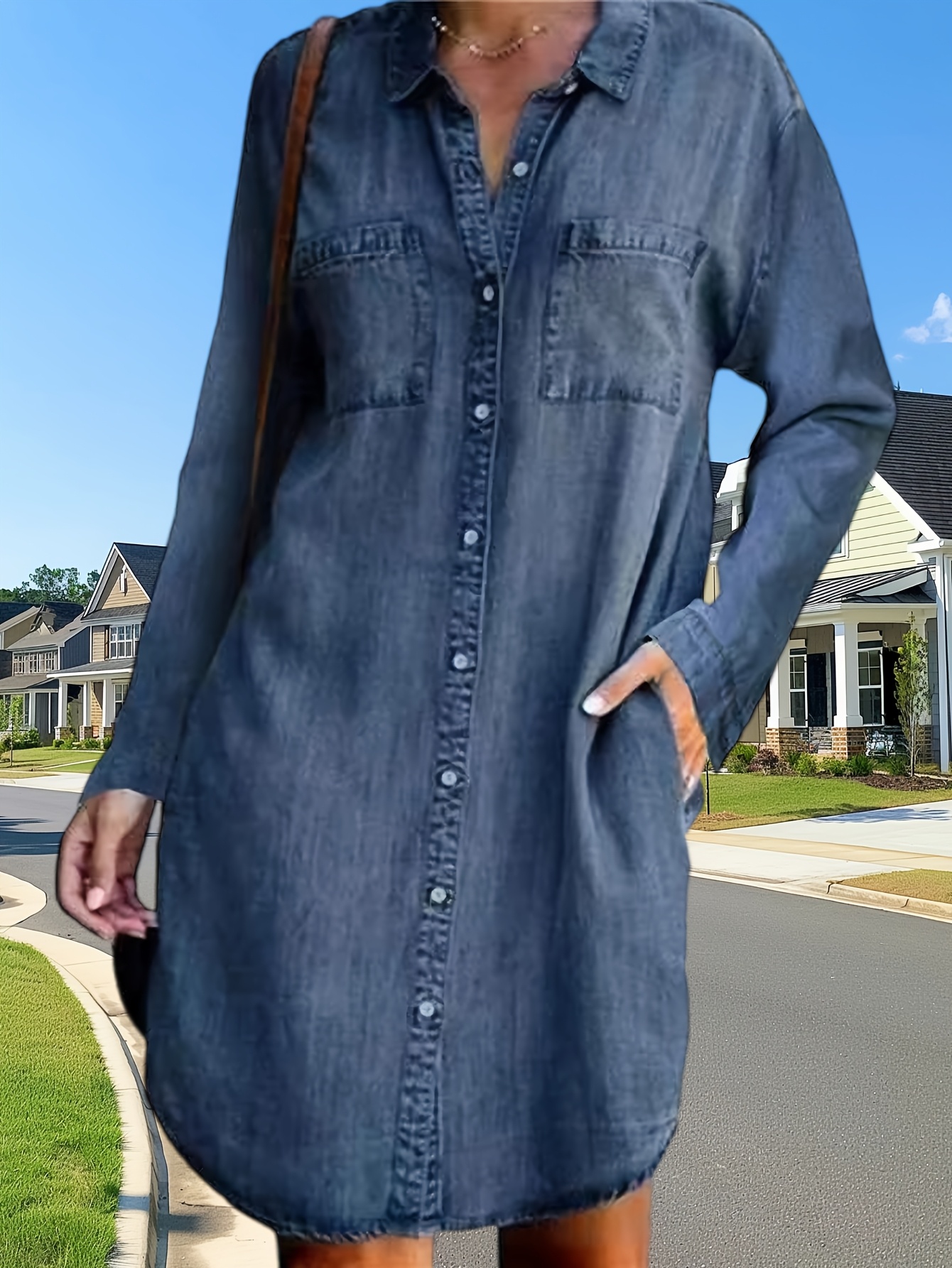 plus size denim dress for women, long-sleeved collared casual solid color denim  shirt, suitable for any season | Shop Now For Limited-time Deals | Temu