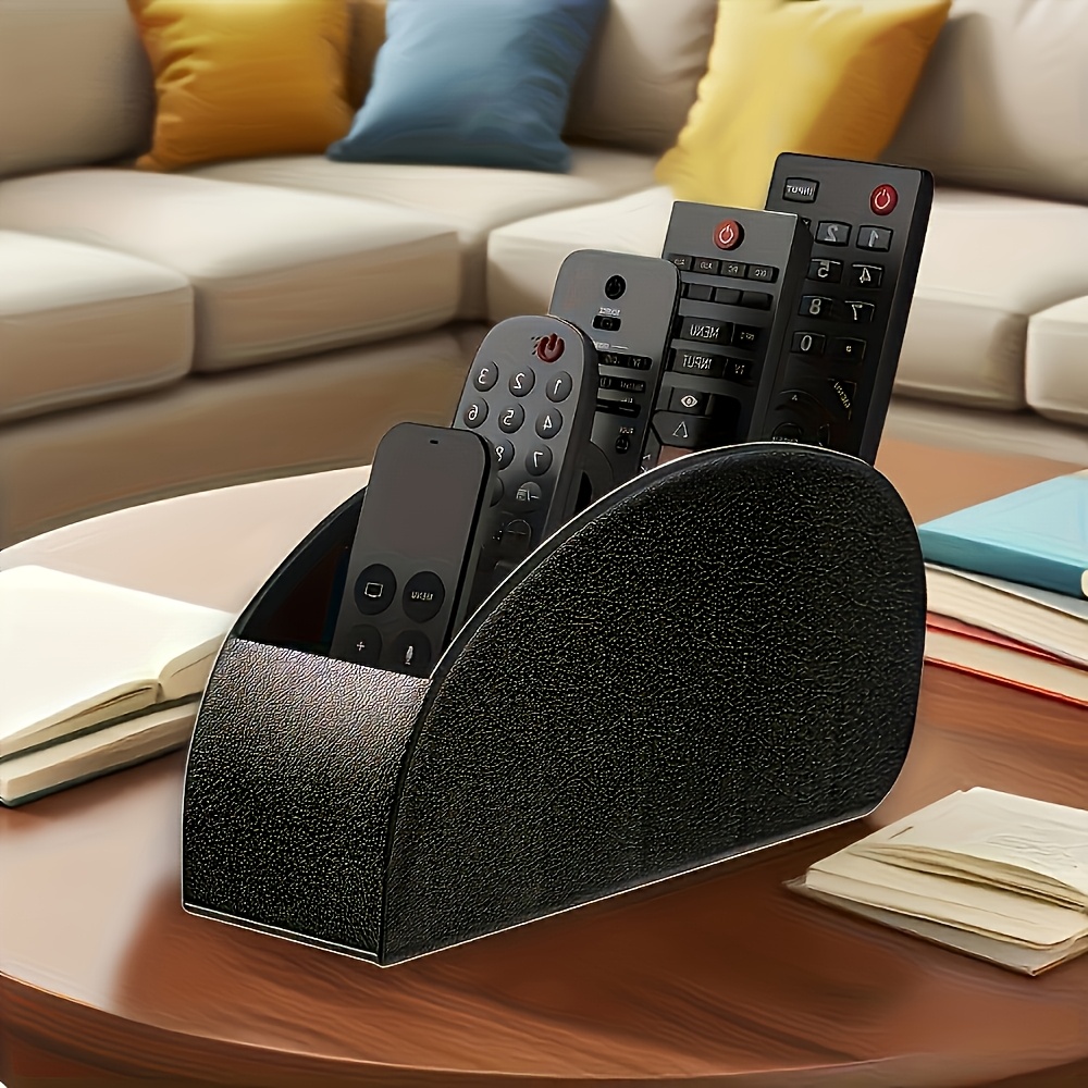 1 black leather grain remote control holder with 5 compartments universal desktop organizer for tv   media player heater controller holiday decor storage   belt lightweight pvc