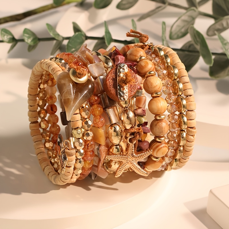 Bohemian Wooden Bead Bracelet Set Starfish Shell Elements