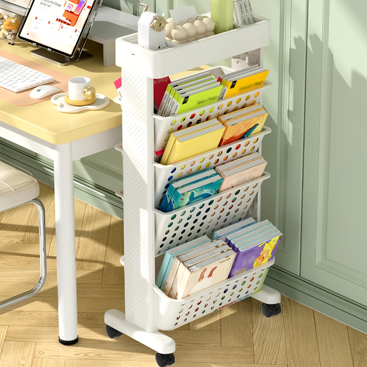 

5-tier Cart - Bookshelf With Slide-out Storage, Ideal For Office, Dorm, Classroom & Nursery - Plastic, No Required