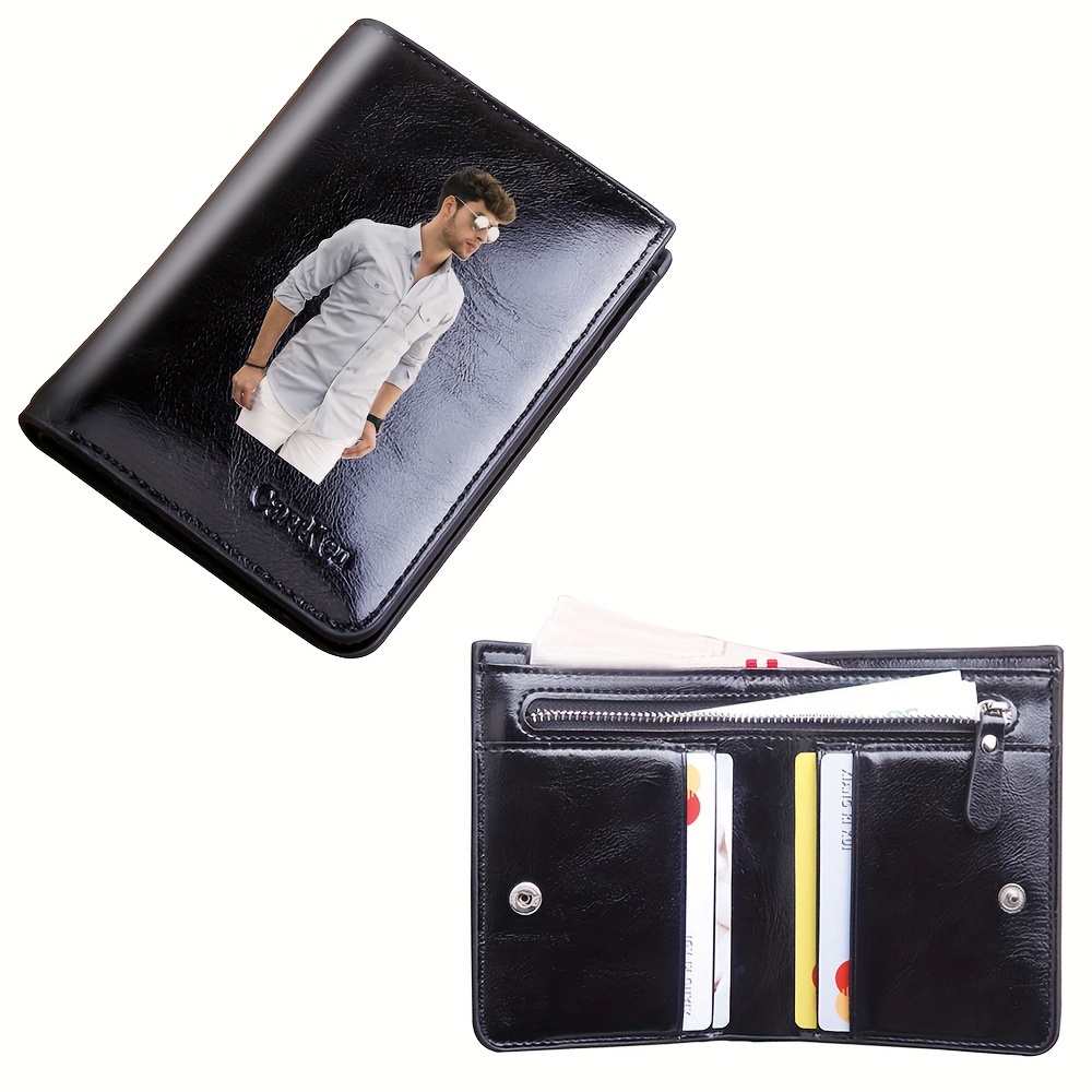 

Portefeuille en cuir PU personnalisé pour hommes, petit porte-cartes avec impression Photo Cool, portefeuille court à fermeture éclair de poche au Design Unique à faire soi-même