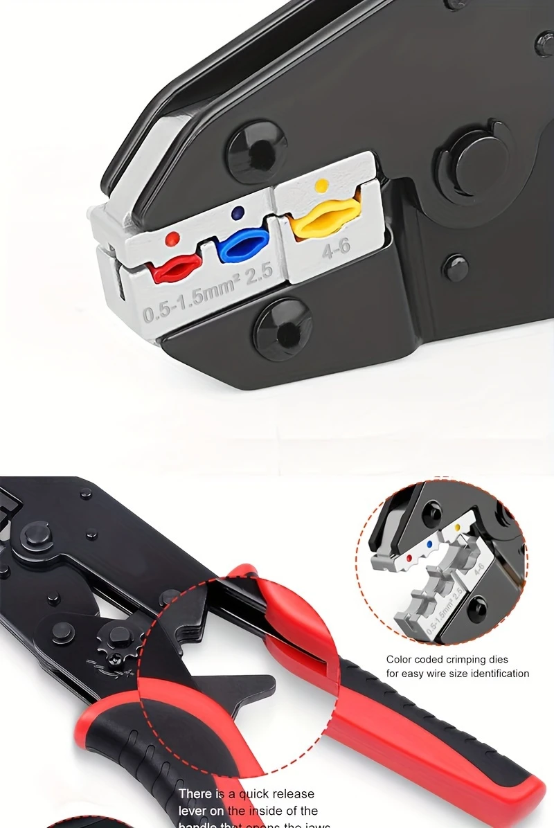 heavy duty ratchet insulated electrical connector crimping tool high carbon black handle with multiple color cables professional electricians crimper for awg 22 10 electrical crimping tool details 1