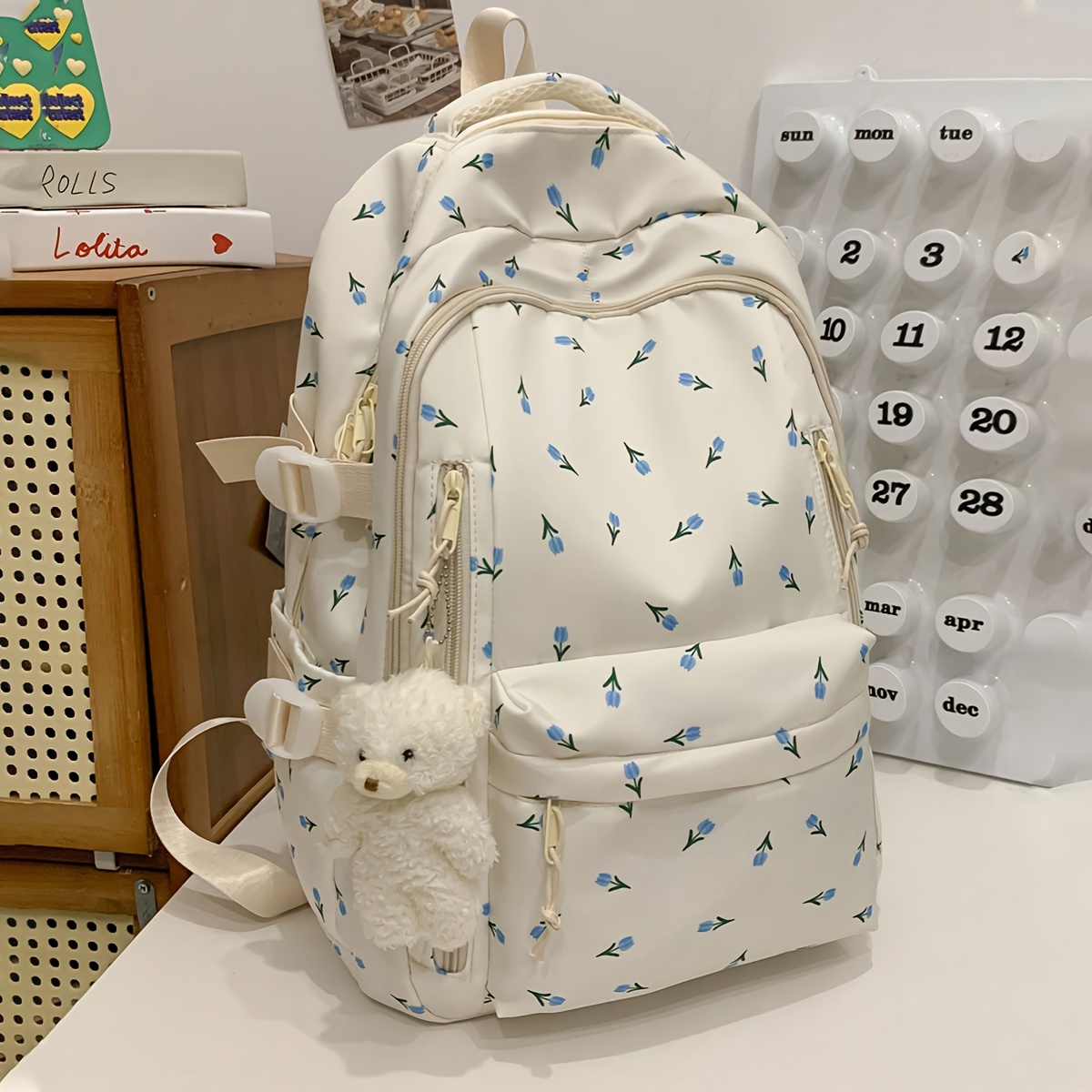 fashion printed rose ladies backpack multi compartment and pockets thick and sturdy student backpack with teddy bear pendant decoration large capacity details 6