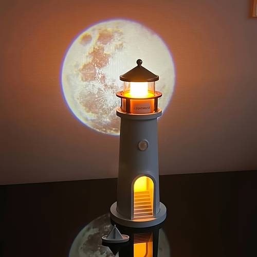 Smart Moon Light Projector Night Lamp - Rechargeable LED Aesthetic Table Lamp with Realistic Moon and Star Projection, Function, 2400mAh Battery, No Remote Control, Lighthouse Shape, USB Powered, Moon Ambient Light for Stage Lighting Fixtures, Bedroom, Living Room, Study, Birthday and Christmas Gift