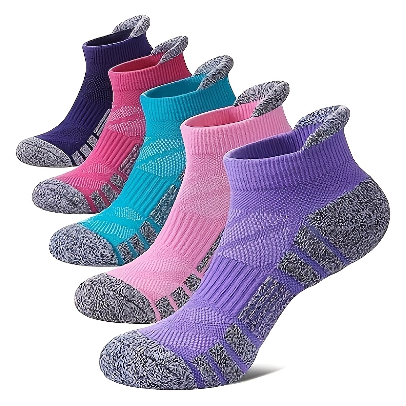 TEMU 5-pair Women's Thickened Low-cut Running Socks, Terrycloth Thick-soled Athletic Ankle Socks With Heel Grip, Suitable For Hiking, Fitness, Daily
