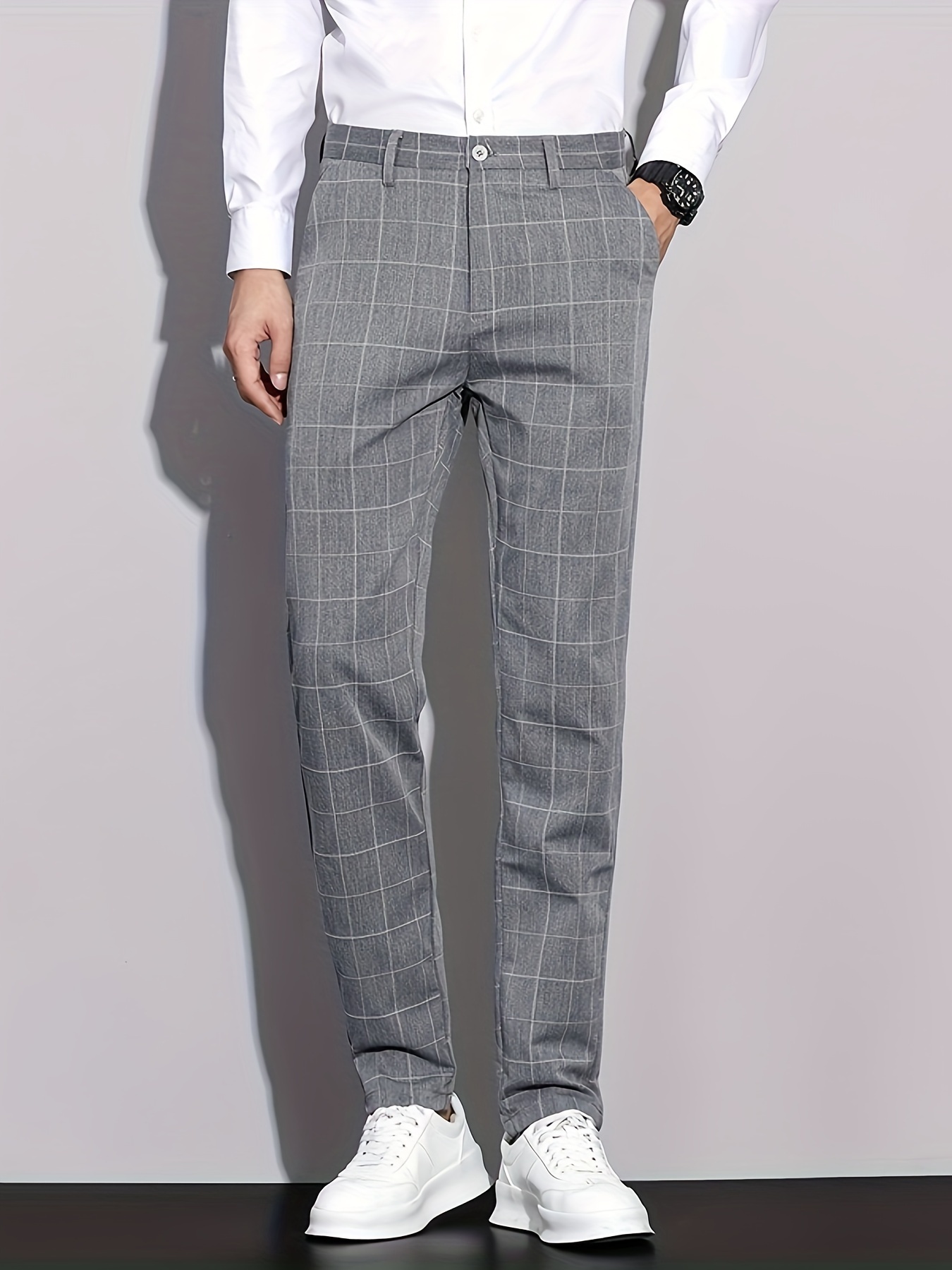 Men's Formal Checkered Slim Fit Trousers - Fall/Winter Collection - Polyester Blend - No Stretch - Regular Length - Suitable for European Market