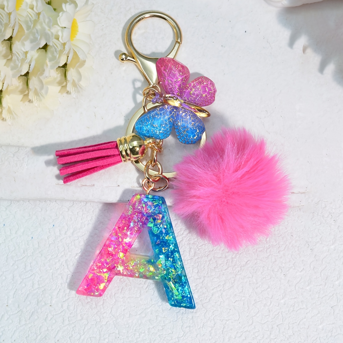 Image of 1pc Women's Pompon English Initial Keychain Crystal Epoxy Key Chain Ladies Women Purse Bag Charm Car Key Pendant