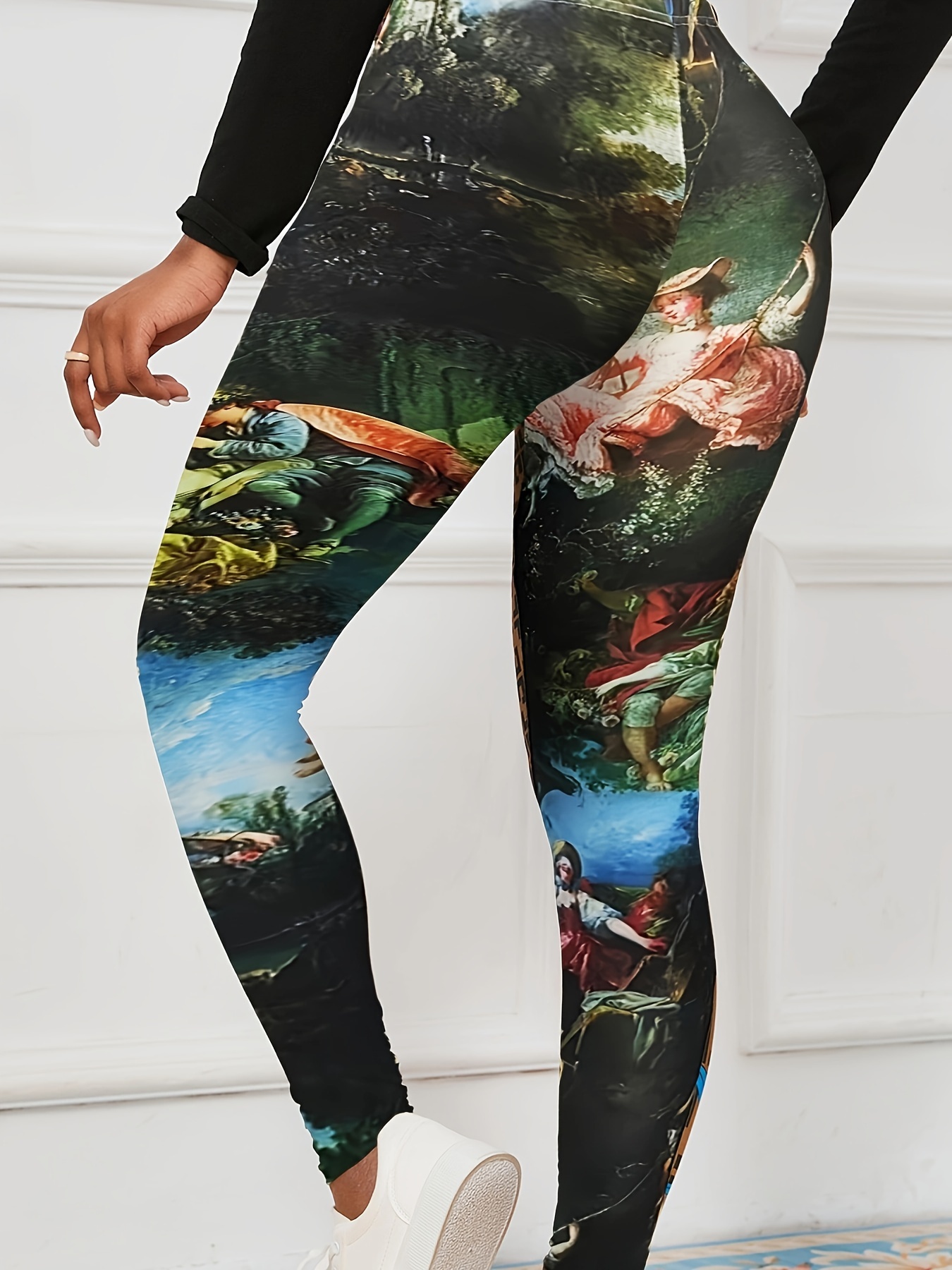 Oil Painting Print High Waist Leggings Elegant High Stretch - Temu