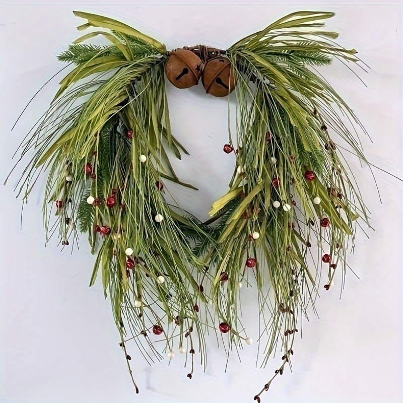 

Vintage-inspired Christmas Wreath With Love Heart & Rustic Bells - Handcrafted Pine Needle & Berry Garland For And Door Decor