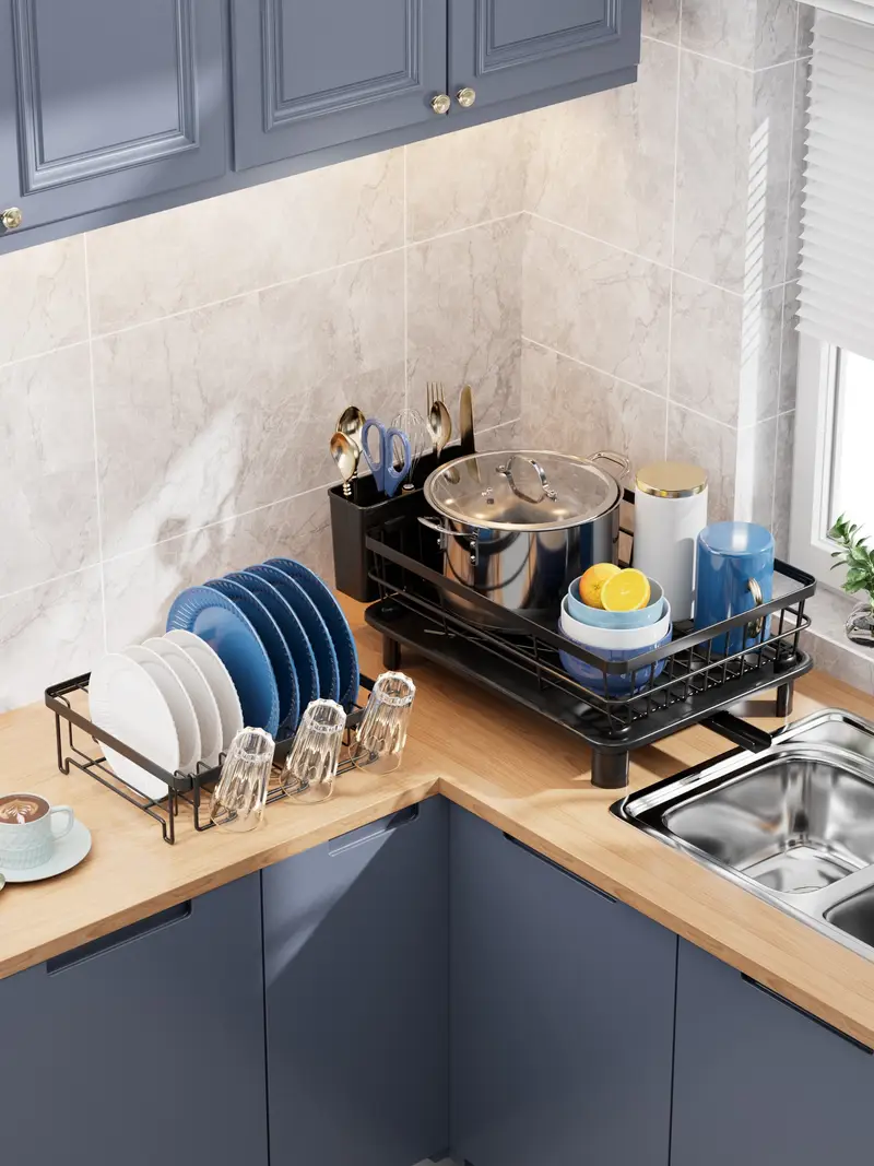 2 tier dish drying rack with metal and plastic kitchen dish drainer with utensil holder anti rust compact countertop dish rack organizer 1pc dish racks for home kitchen storage Product details 4