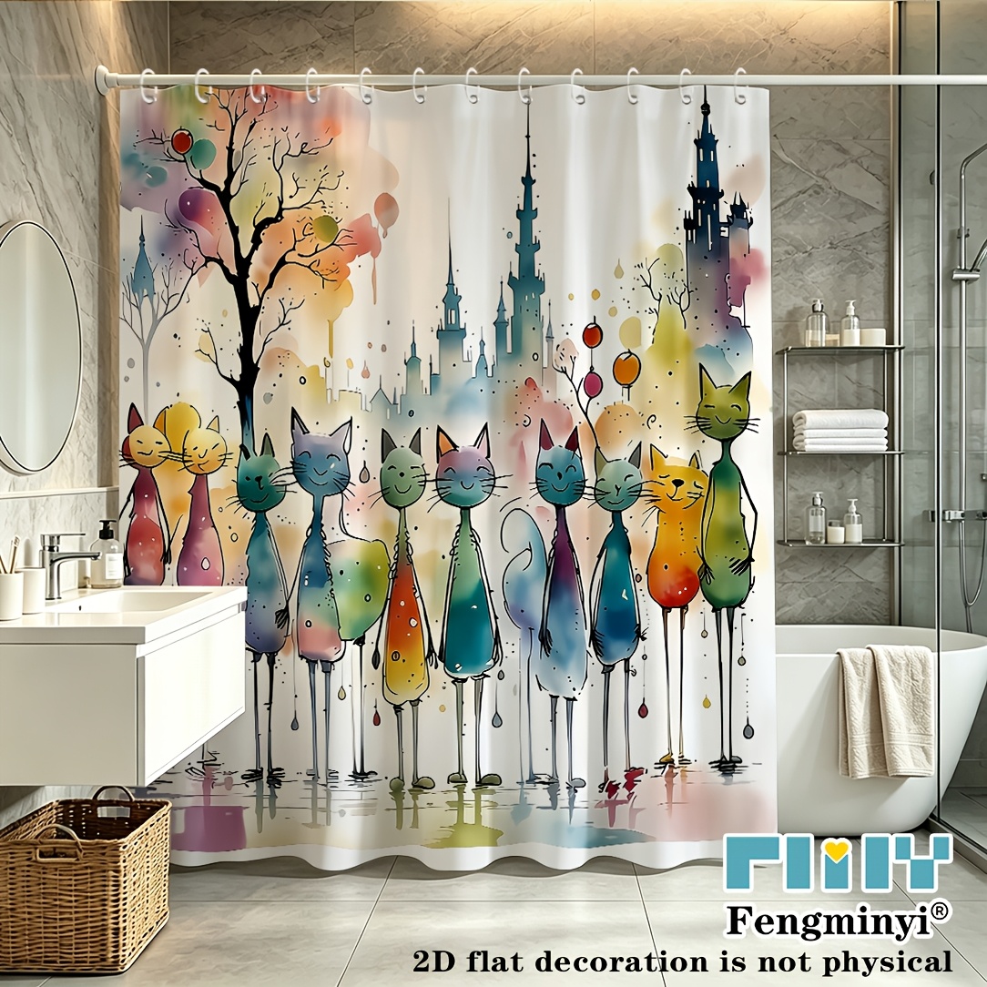 TEMU 2d Flat, 2d Flat, 2d Curtain 1pc Multicolor Abstract Cat Pattern Curtain, Vibrant Artistic Style, Polyester Fabric, With Hook, Machine Washable,