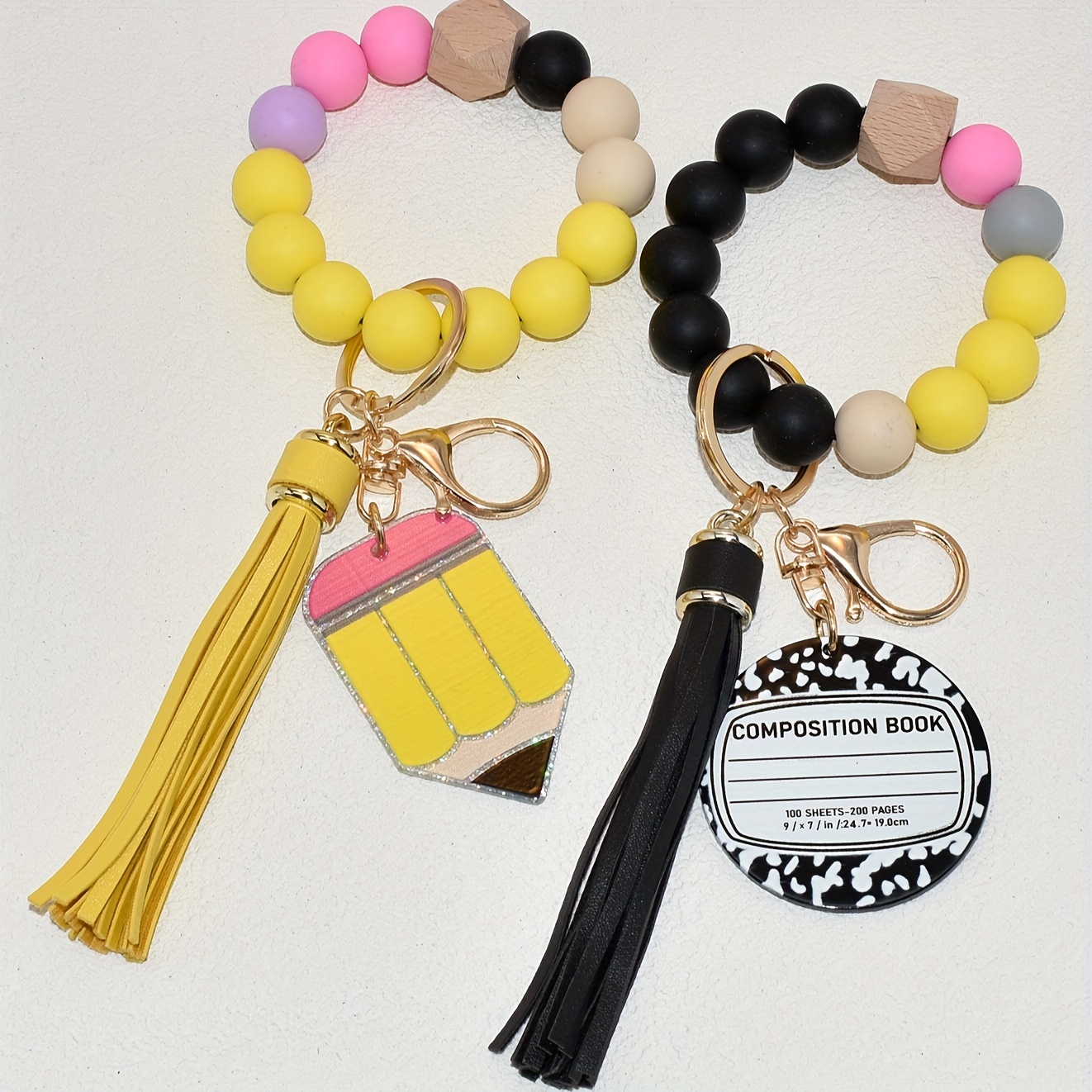 

Silicone Bead Keychains, Acrylic Pencil & Black Notebook Pu Leather Tassel Charm, Perfect Accessory For Teacher