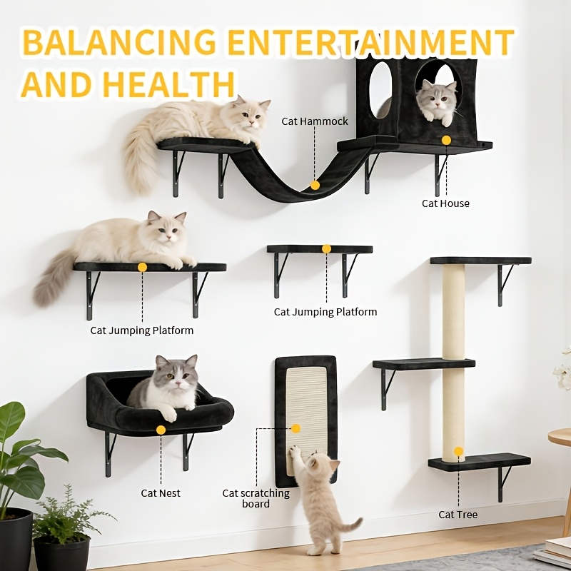 TEMU Rpz 6pcs Wall Mounted Cat Furniture Set - Cat Shelves, Cat Condo, Scratching Board, Cat Tunnel, Floating Cat Perch Tree For Indoor Cats, Modern