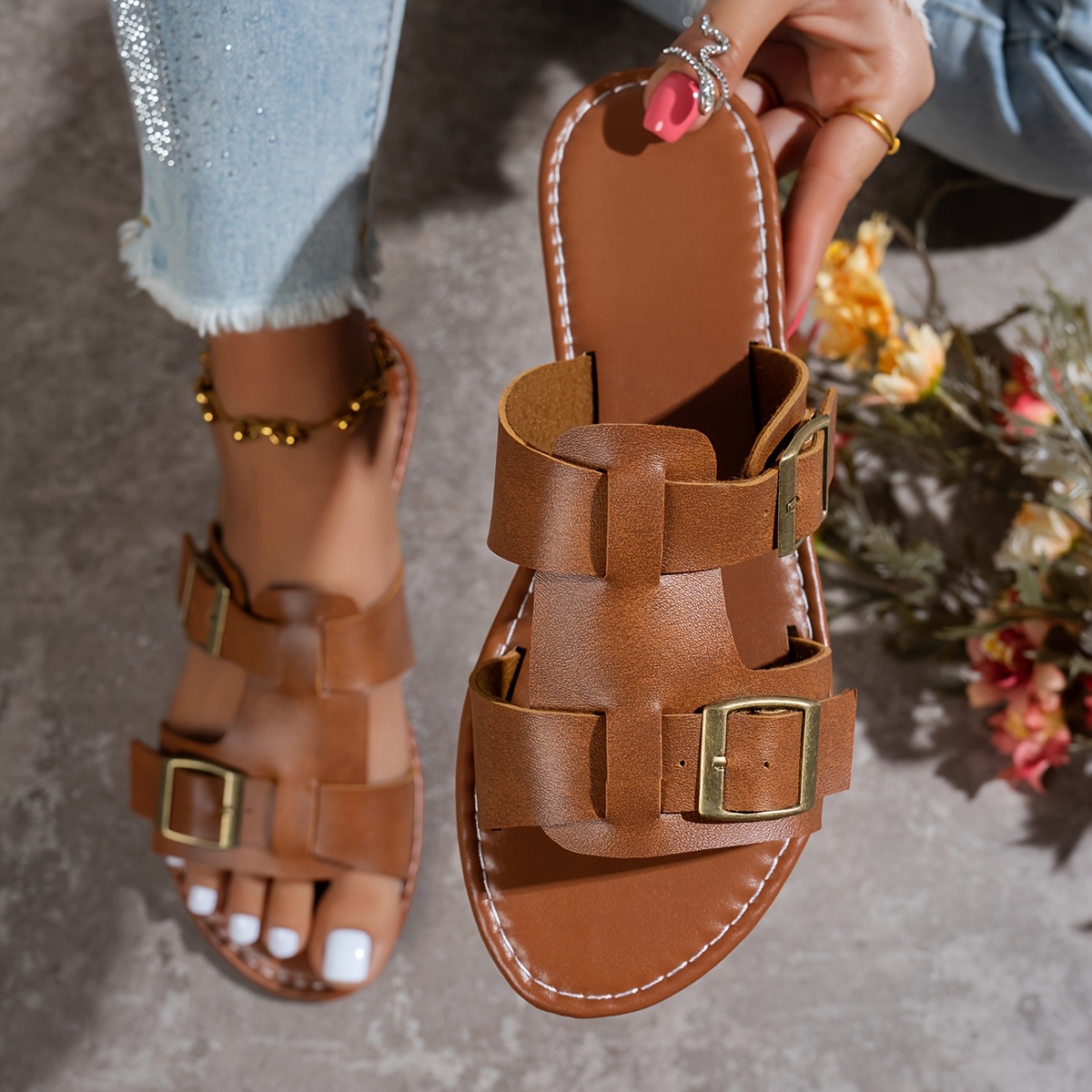 TEMU Summer New Belt Slides Women's Flat Outdoor Casual Slippers French Retro Metal Slides Women's Soft Sole -strap Slides Vacation Hong Style Brown