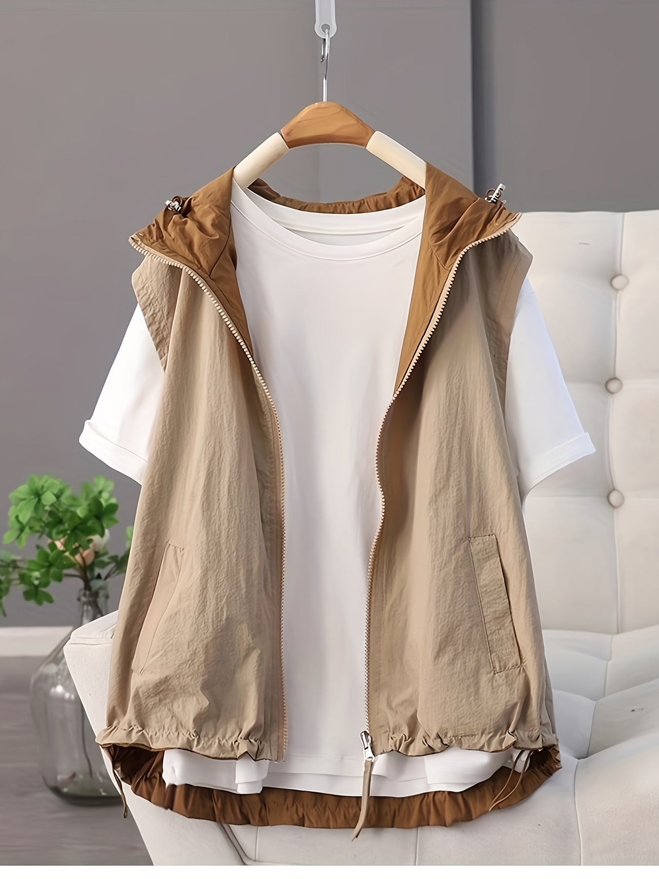 reversible hooded casual vest for women sleeveless with contrasting colors