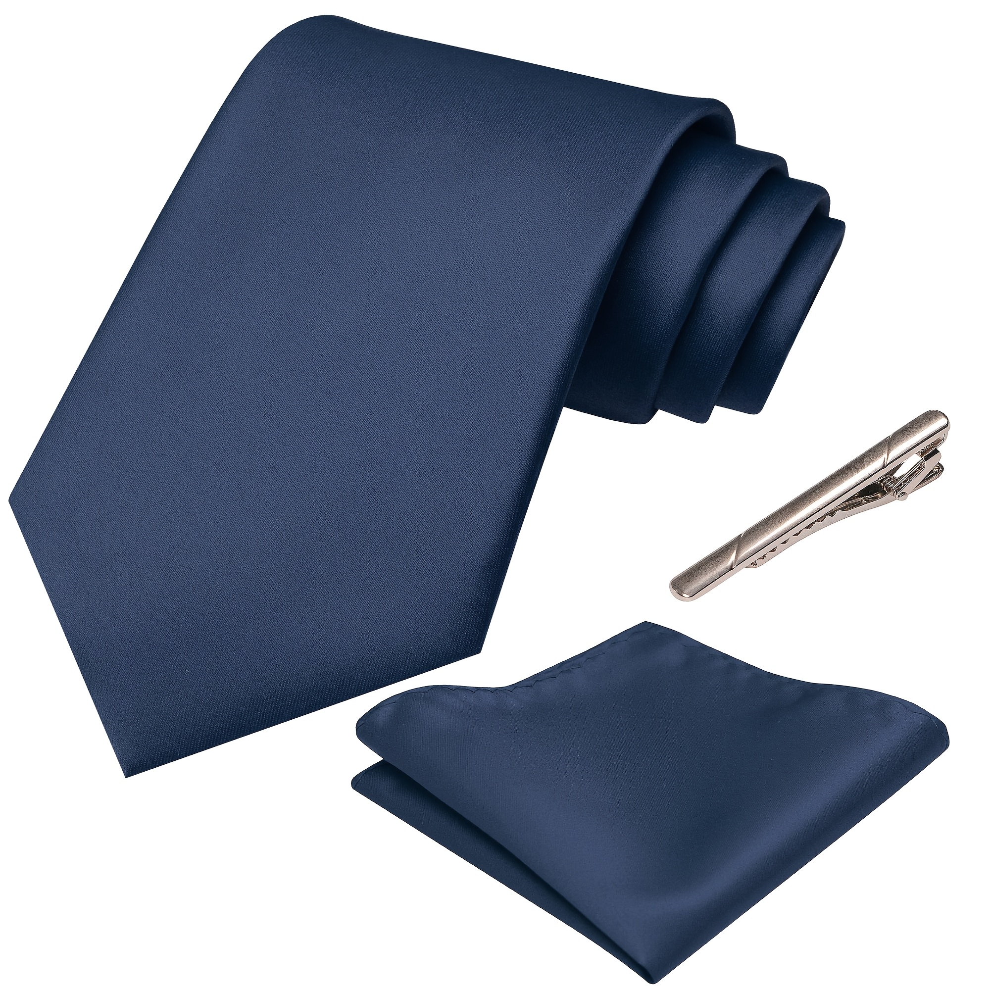 TEMU Men Solid Satin Tie Set, Necktie + Pocket Square + Tie Clip, Plain Formal Suit Accessory For Wedding Groom Business Prom Party Christmas Gift
